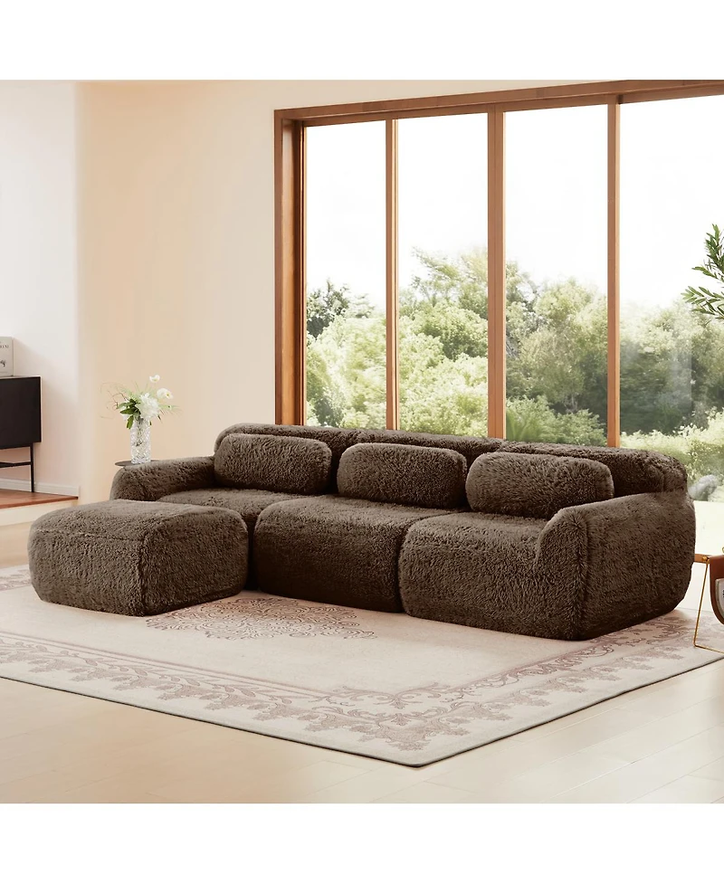 Streamdale Furniture L-shaped Chocolate Plush Sofa with Pillows, High-Density Sponge, No Assembly