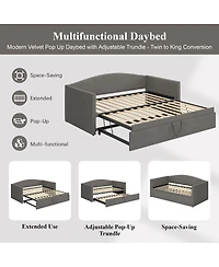 Streamdale Twin Size Daybed with Extended Pop Up Trundle, Velvet, Gray
