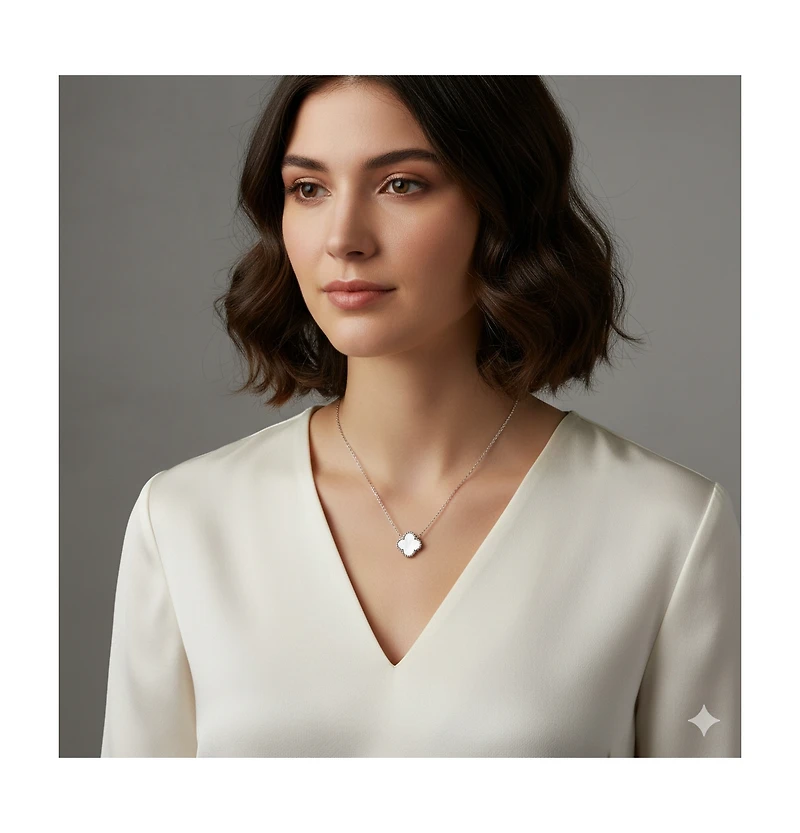 Simona Sterling Silver,Mother of Pearl Clover, Beaded Outline Necklace