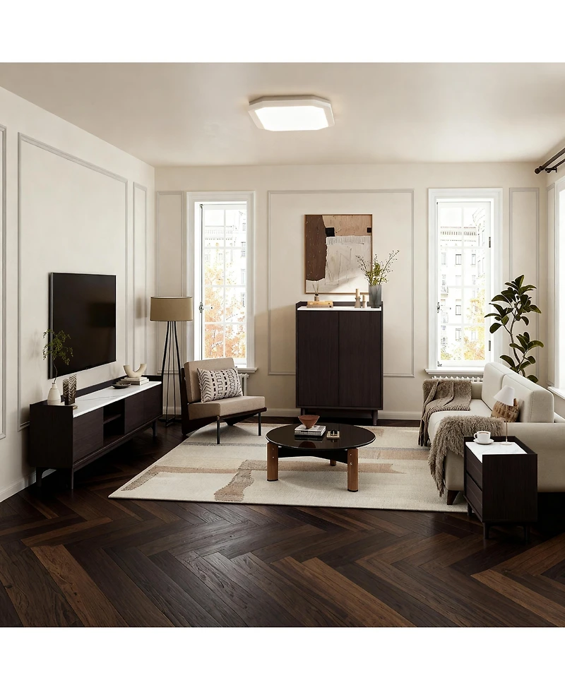 LuxenHome Modi Wenge Accent Cabinet with 2 Doors, Open Storage & Raised Sides, Faux Marble Top, Manufactured Wood