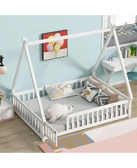 Streamdale Furniture Full Size Rubber Wood Tent-shaped Floor Bed,with Guardrails,Slats and Door