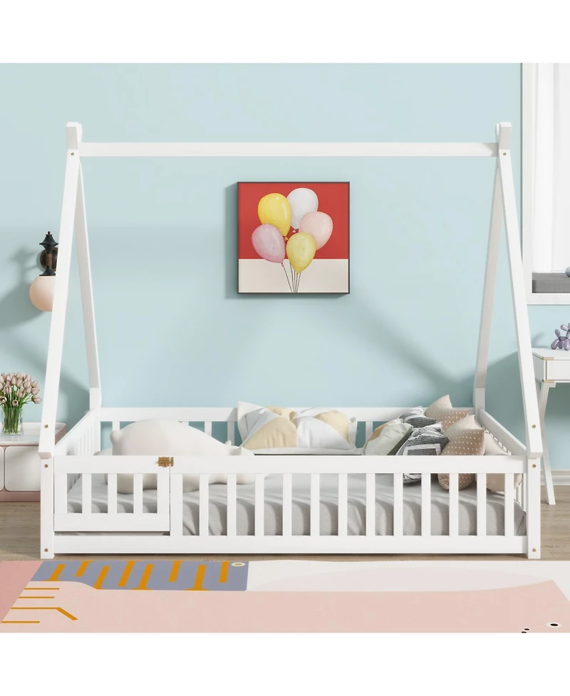 Streamdale Furniture Full Size Rubber Wood Tent-shaped Floor Bed,with Guardrails,Slats and Door