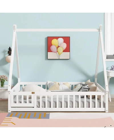 Streamdale Furniture Full Size Rubber Wood Tent-shaped Floor Bed,with Guardrails,Slats and Door