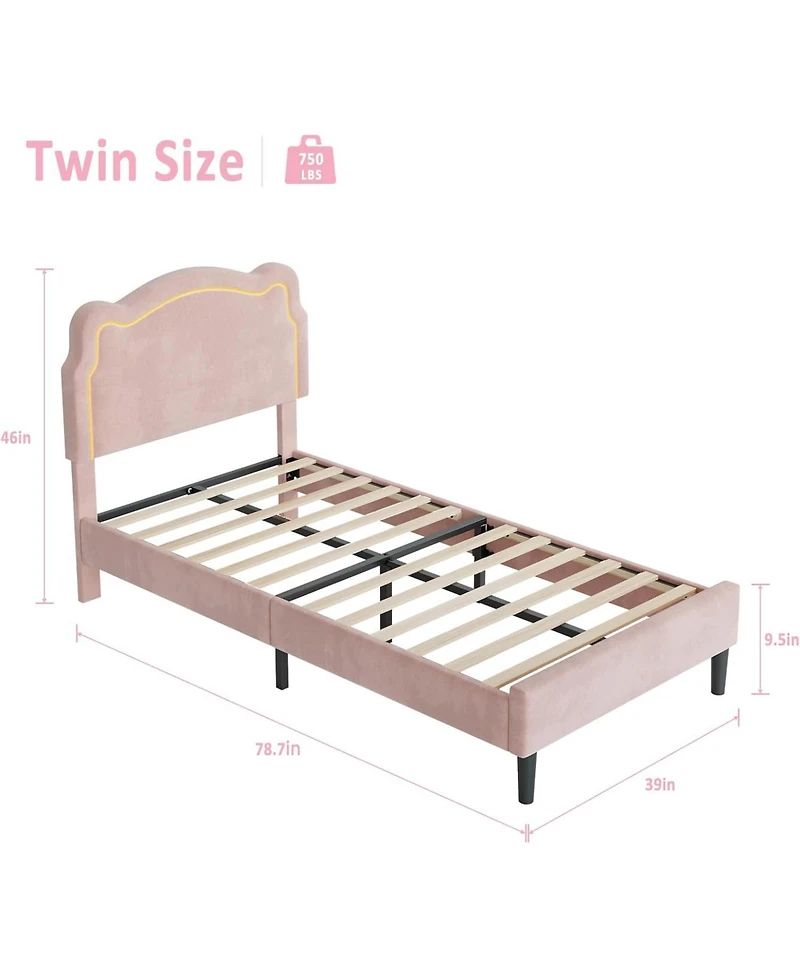 gaomon Twin Bed Frame with Smart Led Lights and Bear-Shapped Upholstered Headboard,Velvet Princess Platform