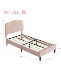 gaomon Twin Bed Frame with Smart Led Lights and Bear-Shapped Upholstered Headboard,Velvet Princess Platform