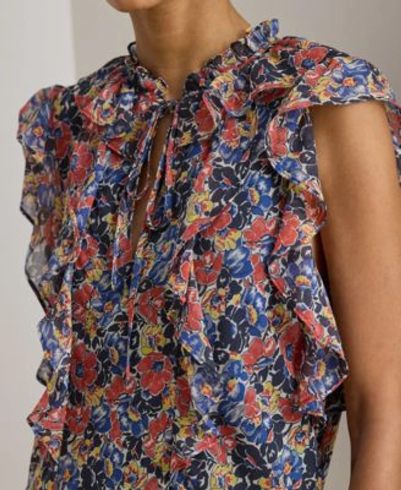 Lauren Ralph Lauren Womens Floral Ruffle Trim Split Neck Dress