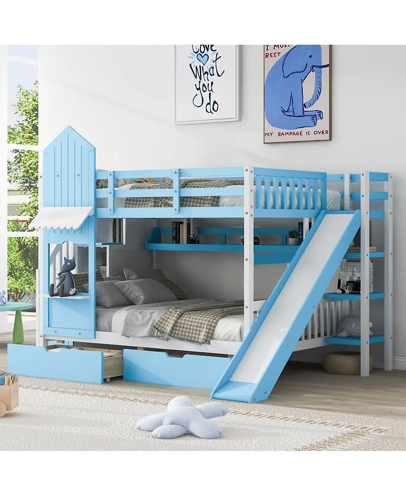 Streamdale Furniture Full-Over-Full Castle Style Bunk Bed with 2 Drawers 3 Shelves and Slide
