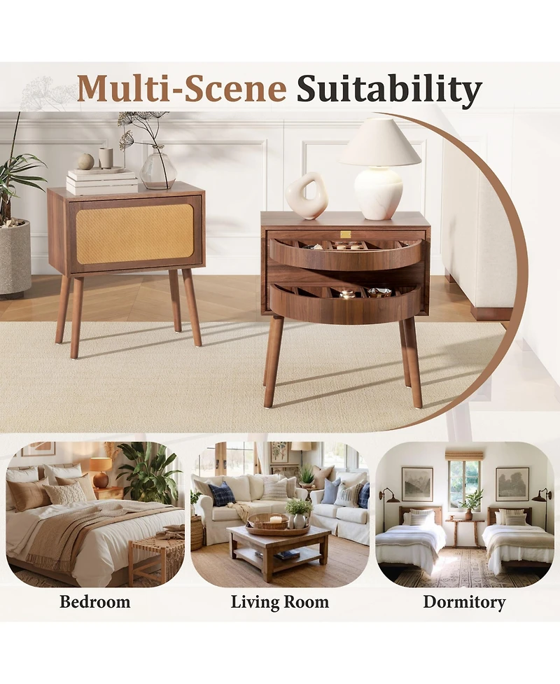 Rainsken Rotating Hidden Compartment Nightstands, Mid Century Rattan Bedside Table with Flip Drawer and Wood Legs for Living Room, Bedroom