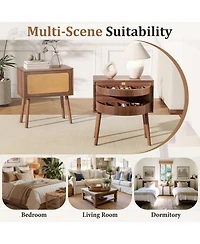 Rainsken Rotating Hidden Compartment Nightstands, Mid Century Rattan Bedside Table with Flip Drawer and Wood Legs for Living Room, Bedroom