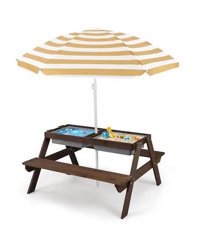 Costway 3-in-1 Kids Picnic Table Outdoor Water Sand Table w/ Umbrella Play Boxes