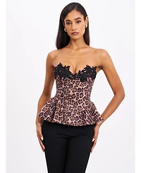 Miss Circle Women's Qiara Cheetah Print Peplum Top with Lace Trim