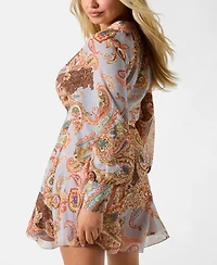 Guess Women's Long-Sleeve Paisley V-Neck Short Dress