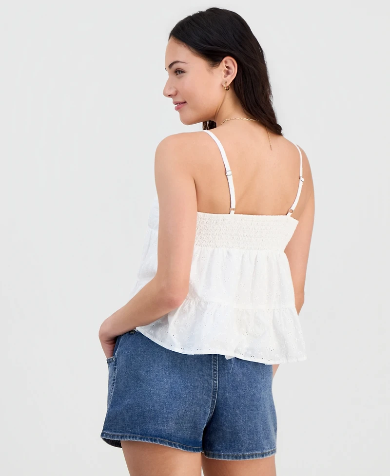Madden Girl Juniors' V-Neck Cotton Eyelet Babydoll Tiered Top
