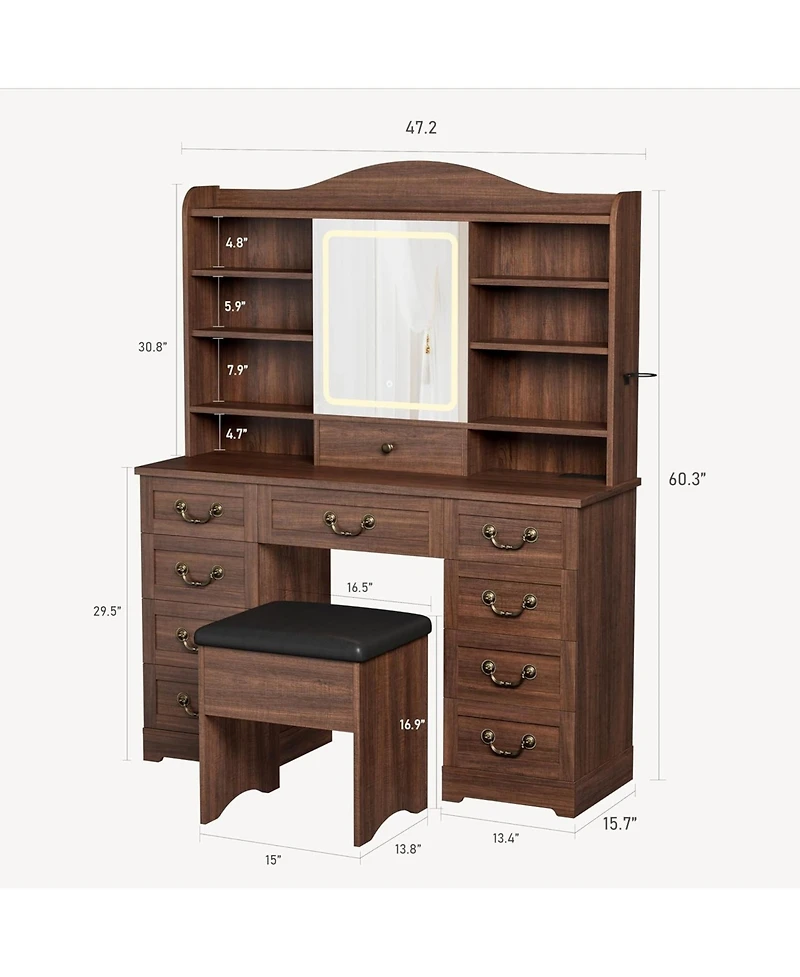 Gaomon 47 Inch Wide 8 Shelves Makeup Vanity Desk and Chair comes Mirror and Lights for Bedrooms, Apartments, Easy to Assemble
