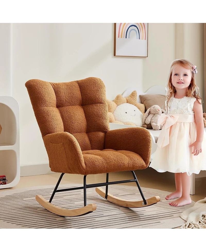 Comfy Rocking Chair for Nursery or Bedroom Upholstered Glider with Side Pocket, Ergonomic Backrest