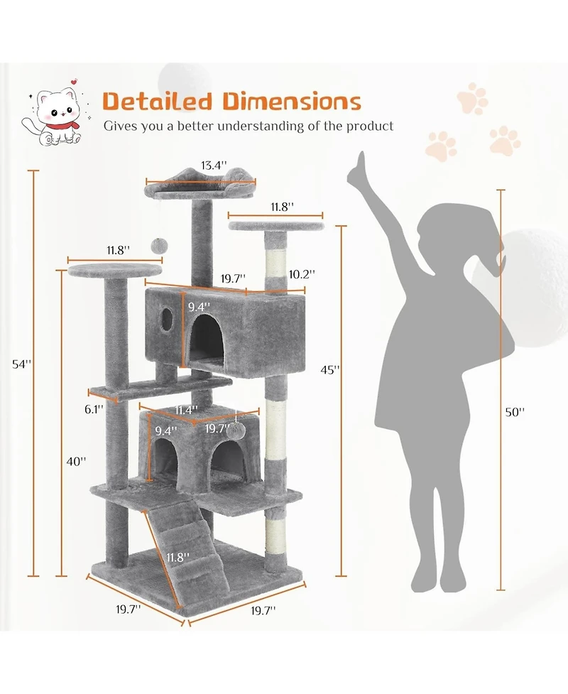 Zeus & Ruta 54" Light Grey Cat Tree Tower: Multi-Level, Sisal Post, Ladder, Plush Toys, Rest & Play