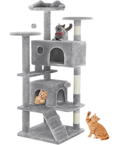 Zeus & Ruta 54" Light Grey Cat Tree Tower: Multi-Level, Sisal Post, Ladder, Plush Toys, Rest & Play