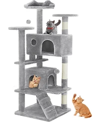 Zeus & Ruta 54" Light Grey Cat Tree Tower: Multi-Level, Sisal Post, Ladder, Plush Toys, Rest & Play