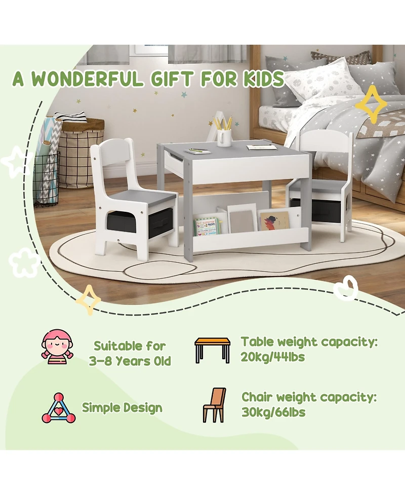 Hongge Kids Table and Chair Set with Reversible Top Storage and Bookshelf for Ages Three to Eight