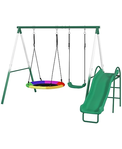 Hongge Kids Outdoor Swing Set with Saucer Swing Classic Seat and Five Foot Slide for Backyard Play