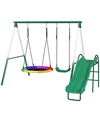 Hongge Kids Outdoor Swing Set with Saucer Swing Classic Seat and Five Foot Slide for Backyard Play