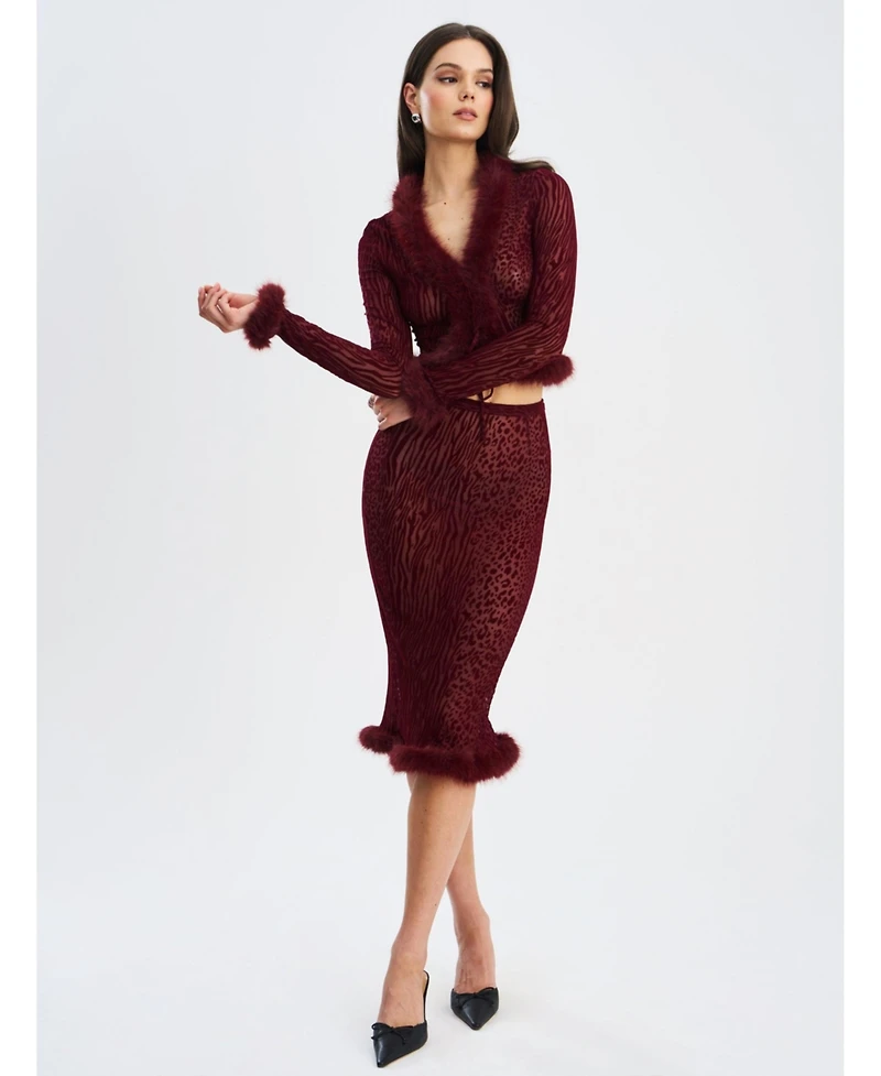 Miss Circle Women's Hali Burgundy Animal Print Burnout Velvet Fur Trim Top