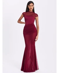 Miss Circle Women's Fabienne Burgundy Mesh Cap Sleeve Mermaid Gown