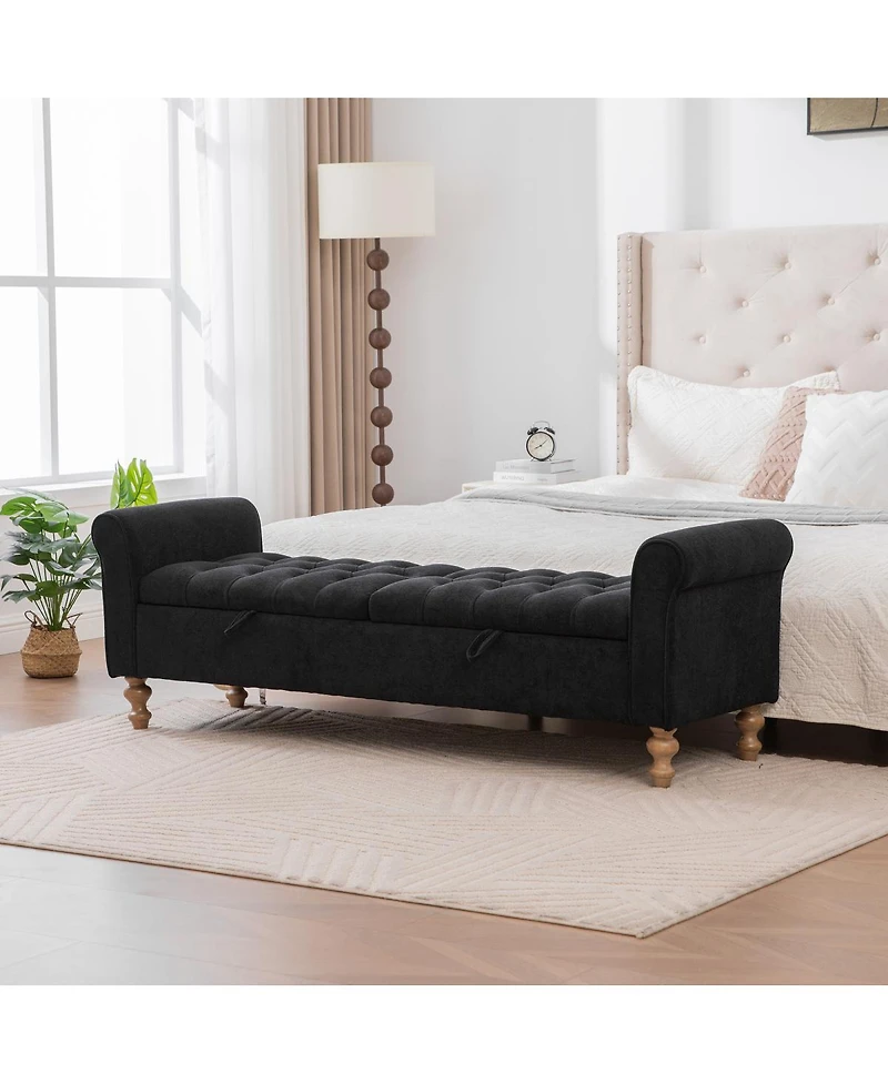 Streamdale Furniture Modern Upholstered Storage Bench with Double Lids & Rolled Armrest - Black