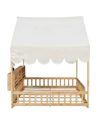 Streamdale Furniture Wooden House Daybed with Fence, Storage, Curtain & Led