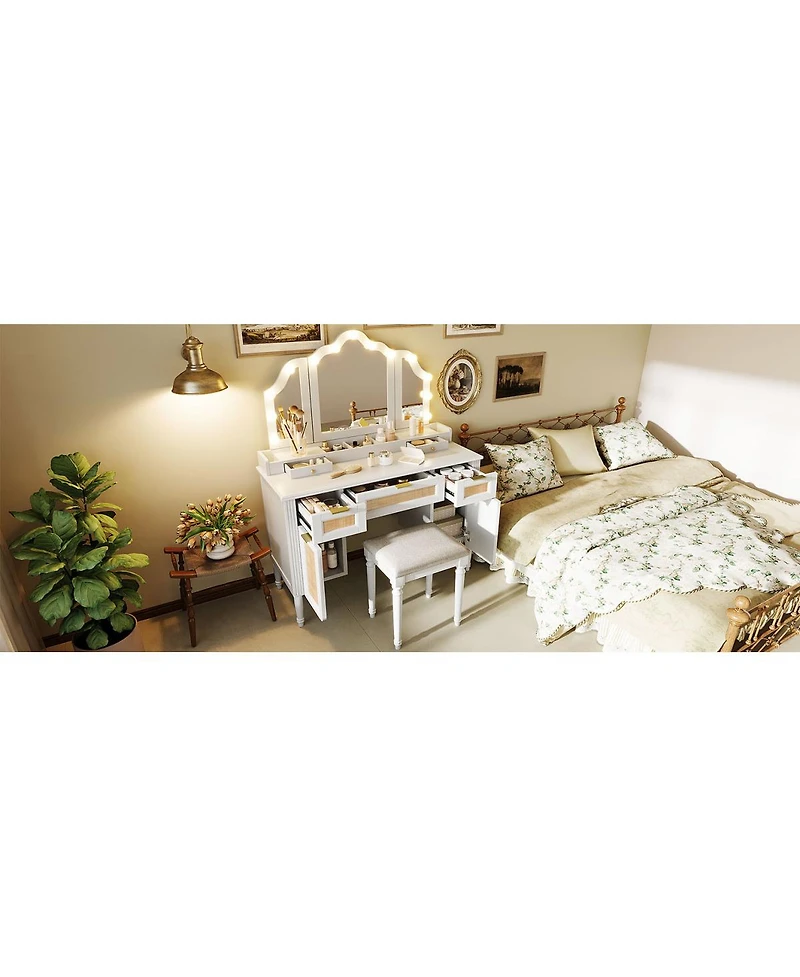 Streamdale Furniture Makeup Vanity Desk with 13 Hollywood Bulbs, 3 Lighting Modes, Tri-Fold Mirror, 5 Drawers