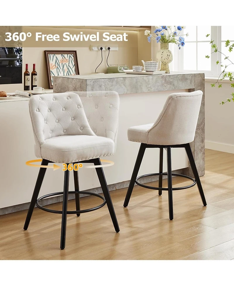 gaomon Bar Stools Set of 2, Modern Swivel Counter Height Bar Stools with Back and Wood Legs, Upholstered Barstools for Kitchen Island, 26" H Seat