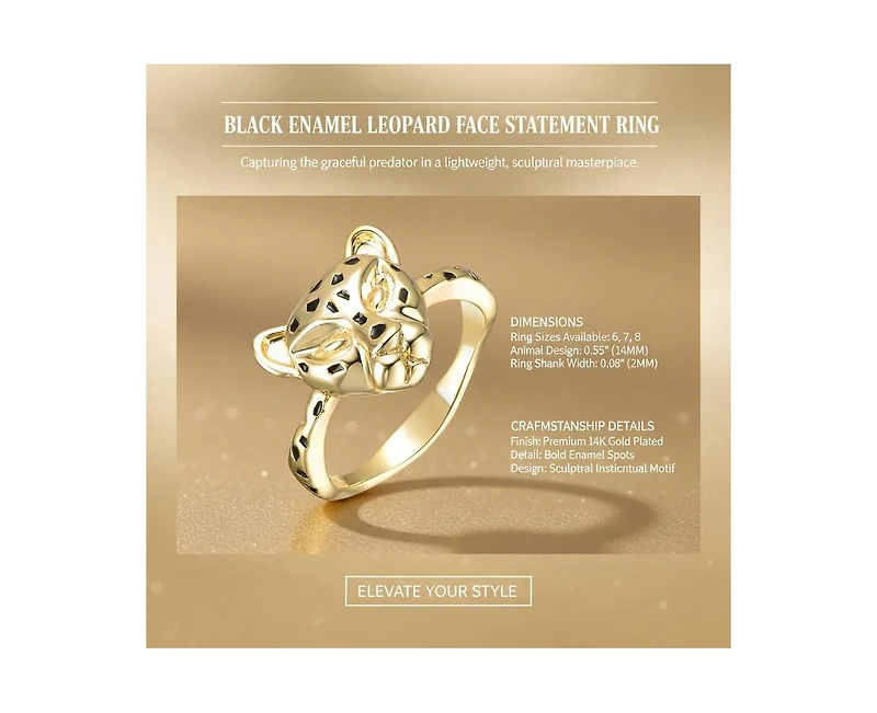 Rachel Glauber Black Enamel Leopard Face Statement Ring 14K Gold Plated