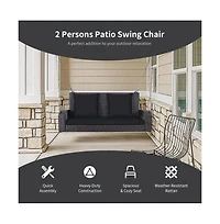 2-Person Wicker Hanging Porch Swing with 2 Back Cushions and 1 Seat Cushion