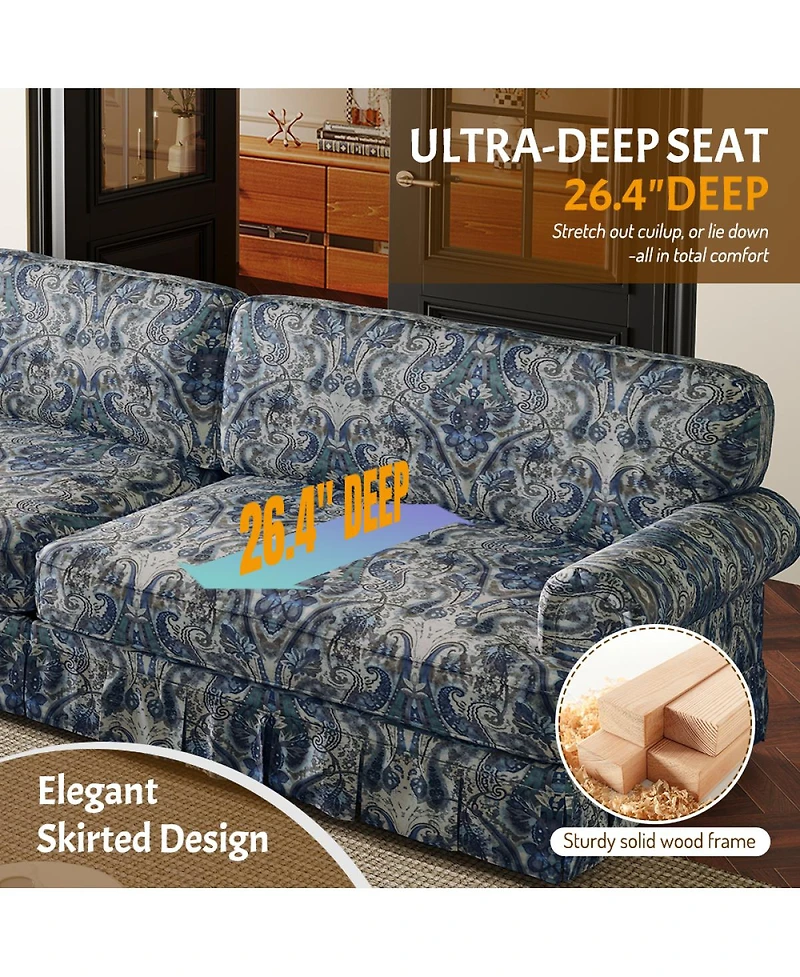 Streamdale Furniture 74" 3-Seater Cloud Couch, Oxford Fabric Sofa with Rolled Arms & Skirt, Blue Floral