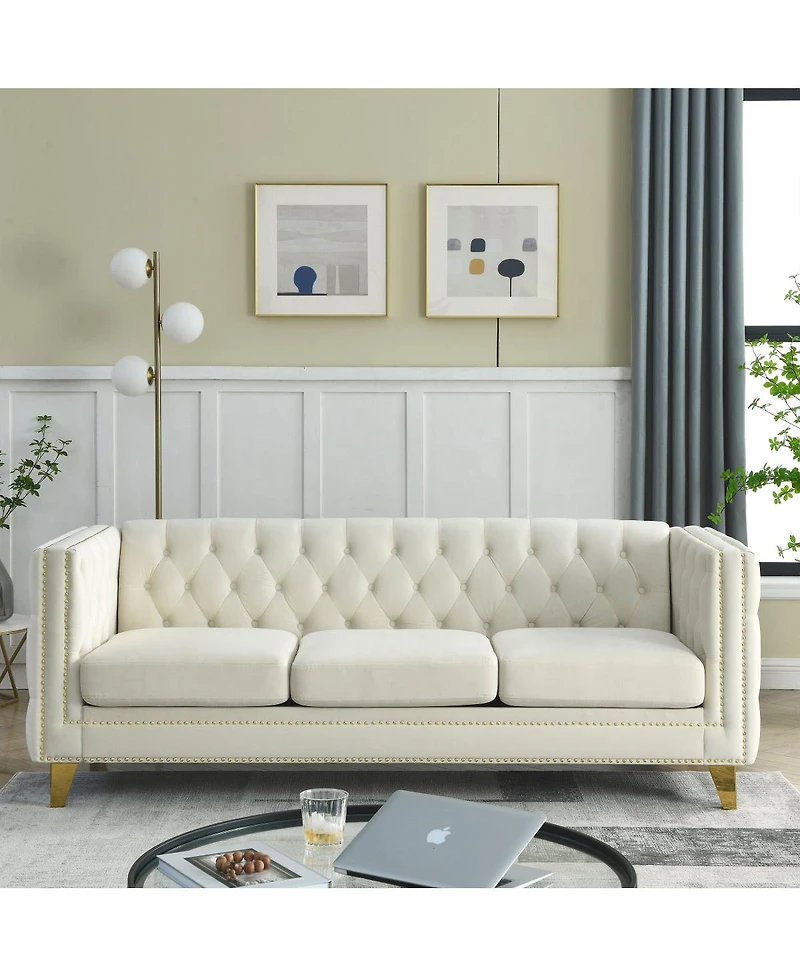 Streamdale Furniture Velvet Sofa for Living Room, Tufted Square Arm Couch, Modern Upholstered Button Couch