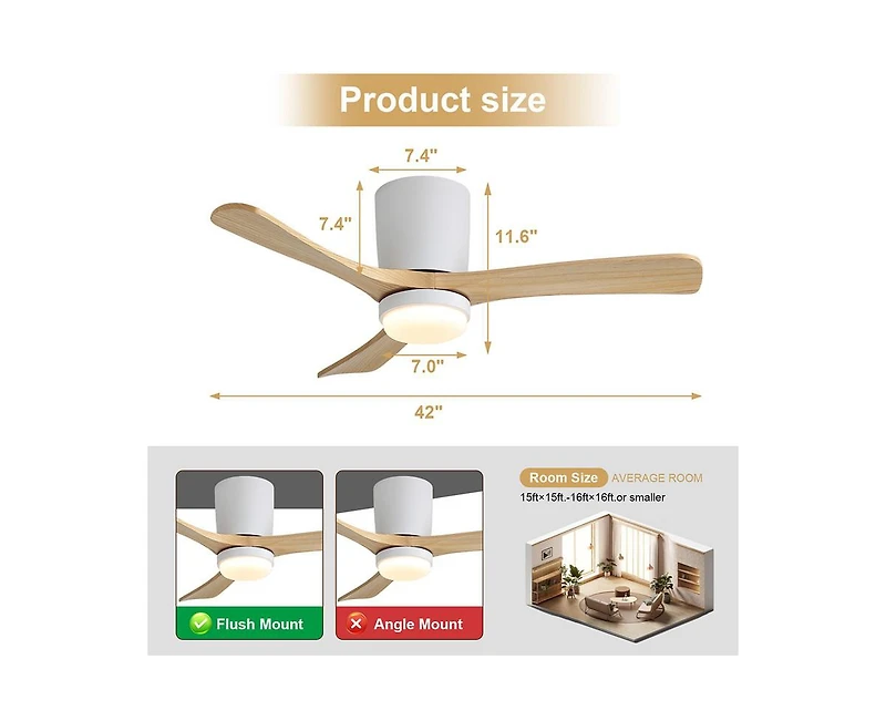 Sofucor 42-inch Minimalist 3-Blade Flush Mount Ceiling Fan with Light Remote Control and Timing Function