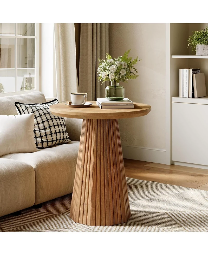 Tribesigns Solid Wood End Table Set of 2, 19" Small Round Pedestal Side Table with Fluted Base, Farmhouse Bedside Table for Living Room, Small Sp