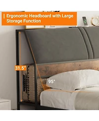 Gaomon Queen Size Bed Frame with Ergonomic Headboard and Charging Station, Upholstered Platform Bed, Metal Industrial Bed Frame with 4 Storage Drawers