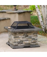 Flynama 28 Inch Square Mgo Fire Pit Outdoor Elegant Design Heat Resistant Iron Fire Bowl No Assembly Required