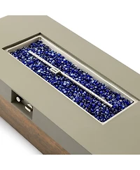 Flynama 48 Inch Iron Fire Pit Table with Wood Grain Stainless Steel Burner Waterproof Cover Easy Control Propane Fire Table