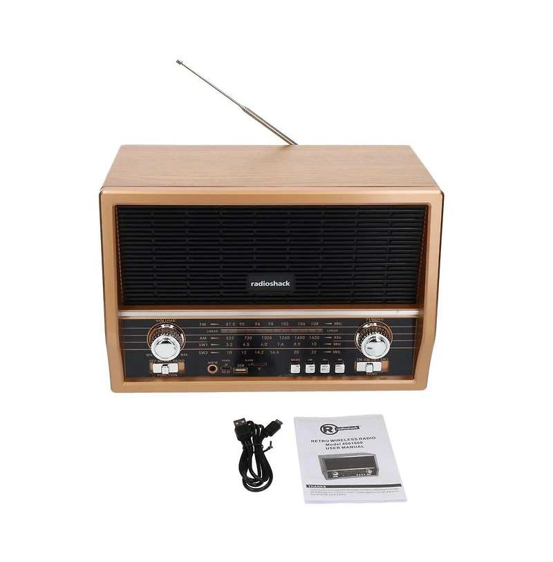 RadioShack Retro Am/Fm/Sw Vintage and Classic Radio Antique Style, Bluetooth, Usb/microSD, Rechargeable Battery – 4001800