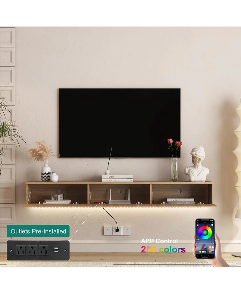 Streamdale Furniture Floating 69" Tv Stand with 16 Color LEDs, Modern Entertainment Center