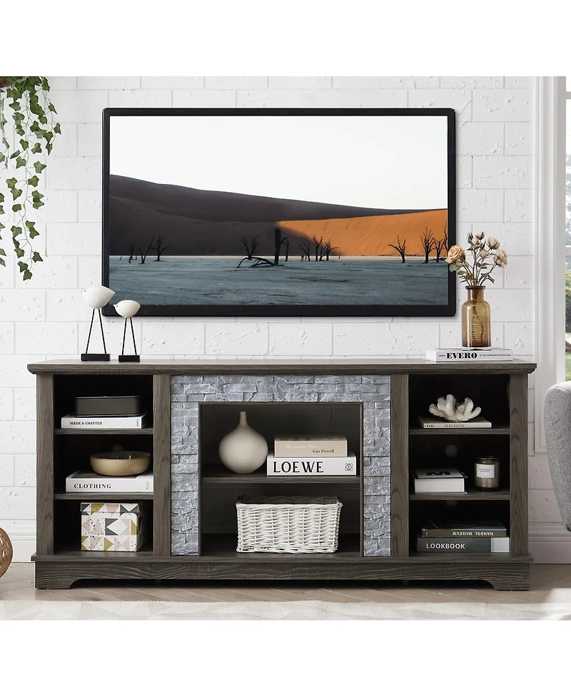 Streamdale Furniture Mantel Stone Tv Media Stand with Faux Stacked Stone Surround, Gray, 58.31"W