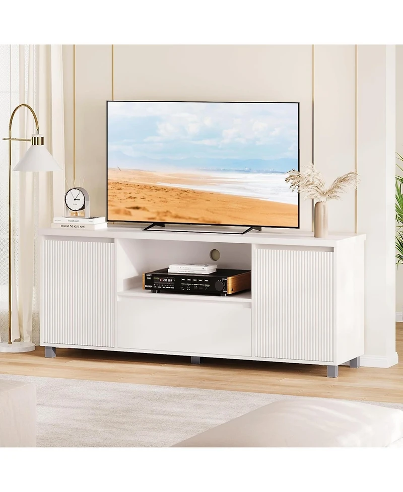 gaomon Fluted Tv Stand, White Entertainment Center for 60/65/70 Inch TVs, Modern Console With Drawer and 2 Cabinets, Media Cabinet