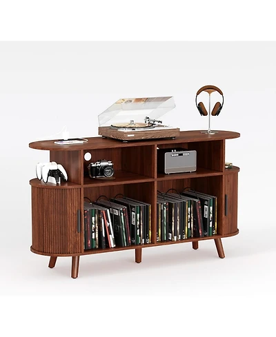 gaomon 55" Fluted Mid-Century Modern Turntable Cabinet with Vinyl Storage & Round Record Stand