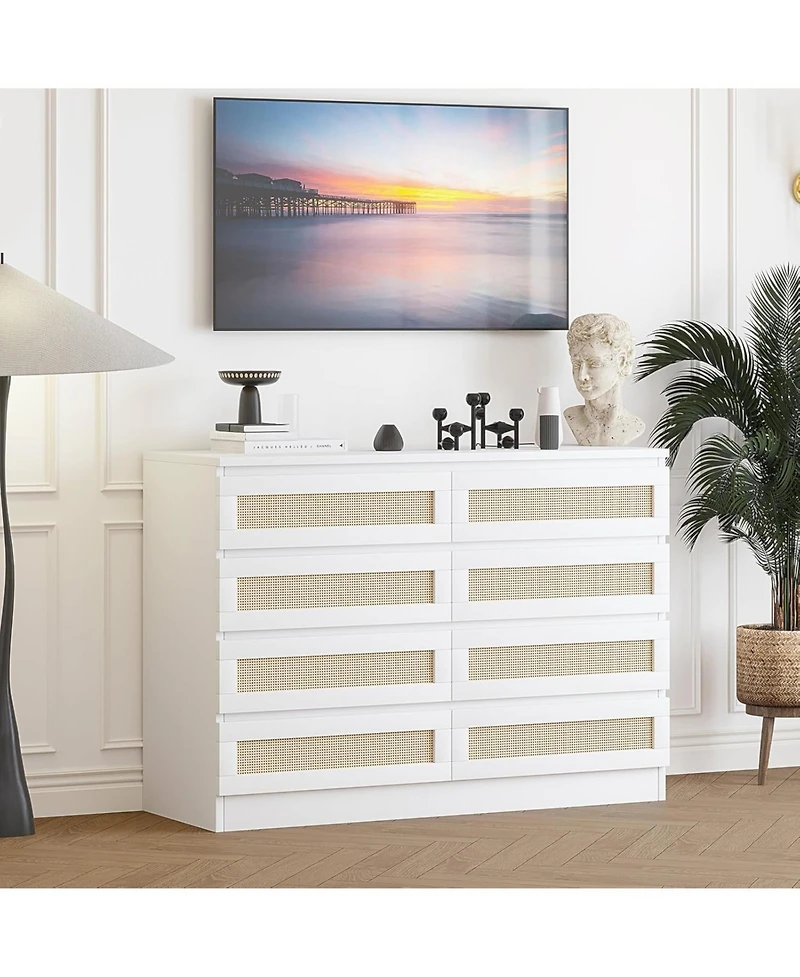 gaomon Rattan Dresser for Bedroom with 8 Drawers, 47'' Wide Chest of Oak Furniture Large Storage Tower Unit, Closet Store Organizer