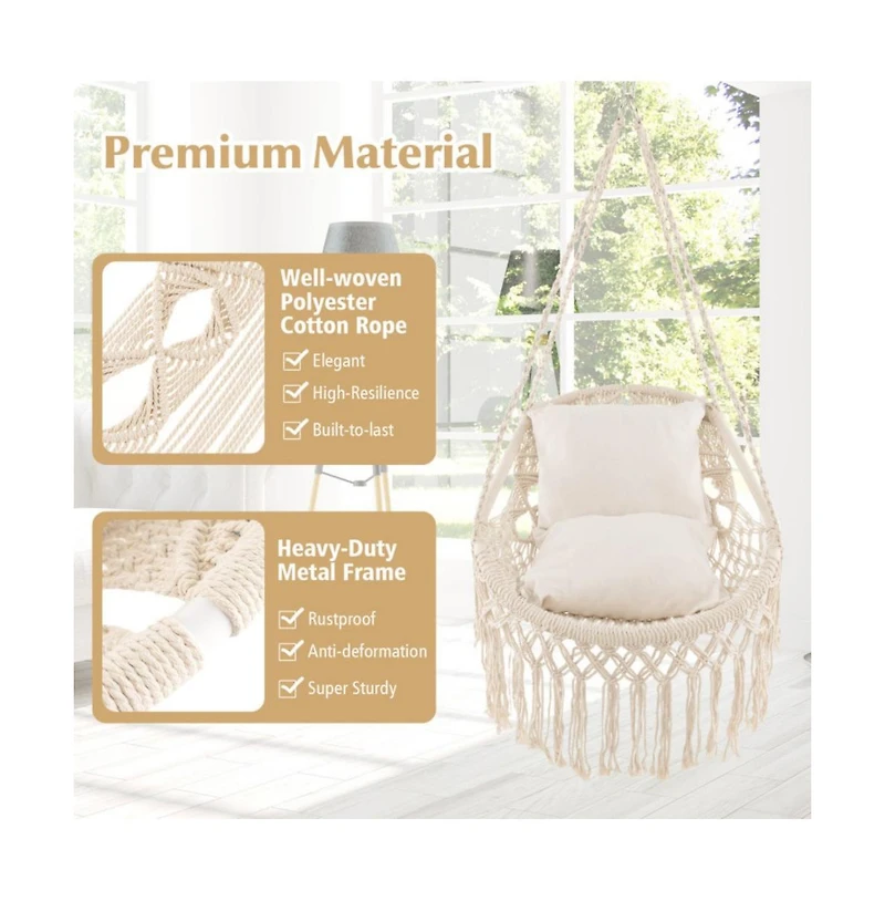 Hanging Hammock Chair with Soft Seat Cushions and Sturdy Rope Chain