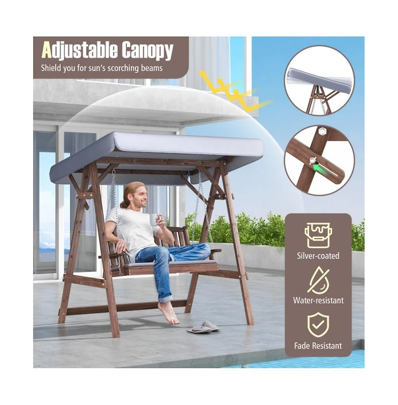 2-Person Porch Swing with Fir Wood Stand and Tilt Canopy
