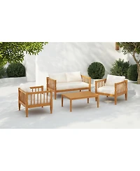 Flynama 4 Piece Teak Finish Patio Conversation Set with Acacia Wood Frame Coffee Table Thick Cushions for Backyard Porch Balcony