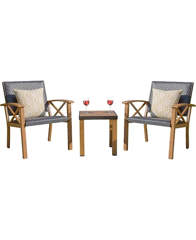 Flynama 3 Piece Patio Bistro Set Wood Grain Aluminum Wicker Porch Chairs with Coffee Table Beige Waterproof Pillows Outdoor Conversation Set